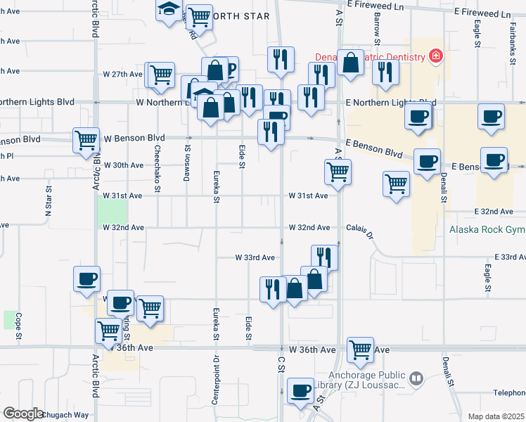map of restaurants, bars, coffee shops, grocery stores, and more near 300 West 31st Avenue in Anchorage