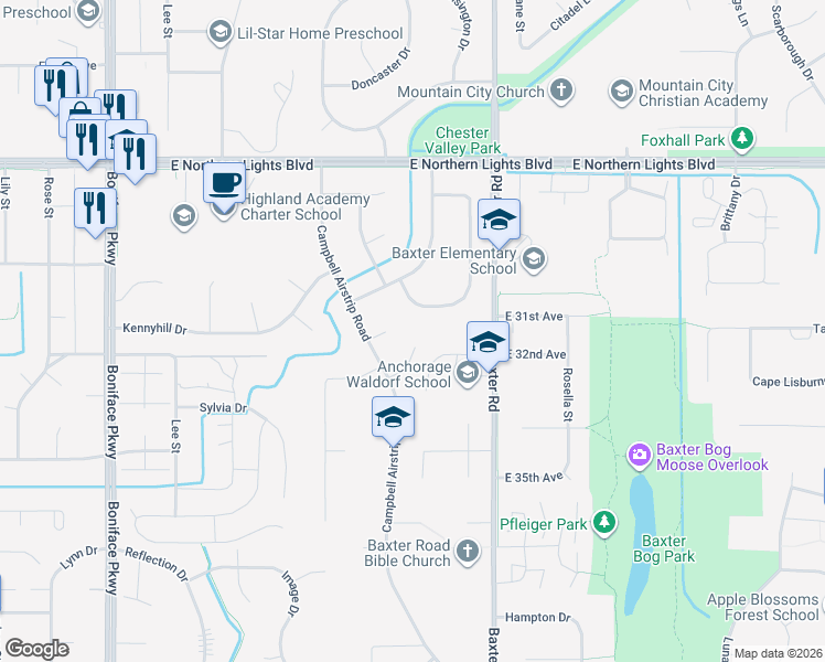 map of restaurants, bars, coffee shops, grocery stores, and more near 3153 Donington Drive in Anchorage