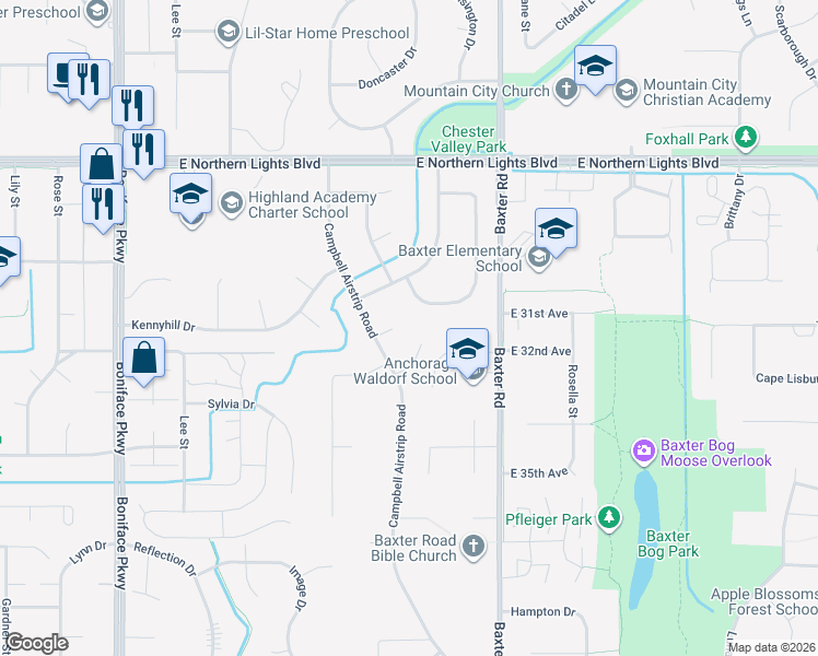 map of restaurants, bars, coffee shops, grocery stores, and more near 3181 Prescot Circle in Anchorage