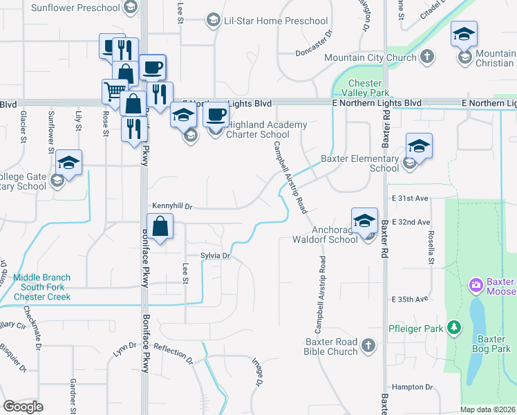 map of restaurants, bars, coffee shops, grocery stores, and more near 5819 Kennyhill Drive in Anchorage