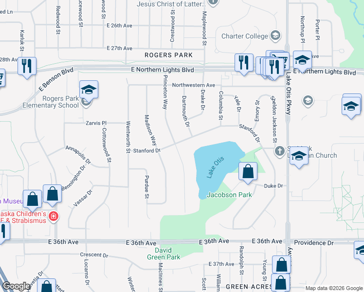 map of restaurants, bars, coffee shops, grocery stores, and more near 1821 Stanford Drive in Anchorage