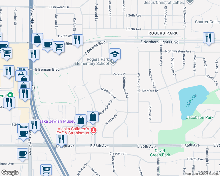 map of restaurants, bars, coffee shops, grocery stores, and more near 1344 Zarvis Place in Anchorage