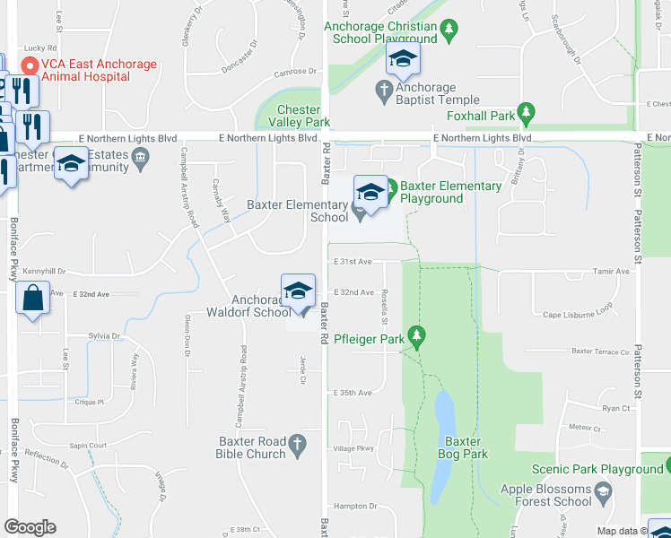 map of restaurants, bars, coffee shops, grocery stores, and more near 6305 East 31st Avenue in Anchorage
