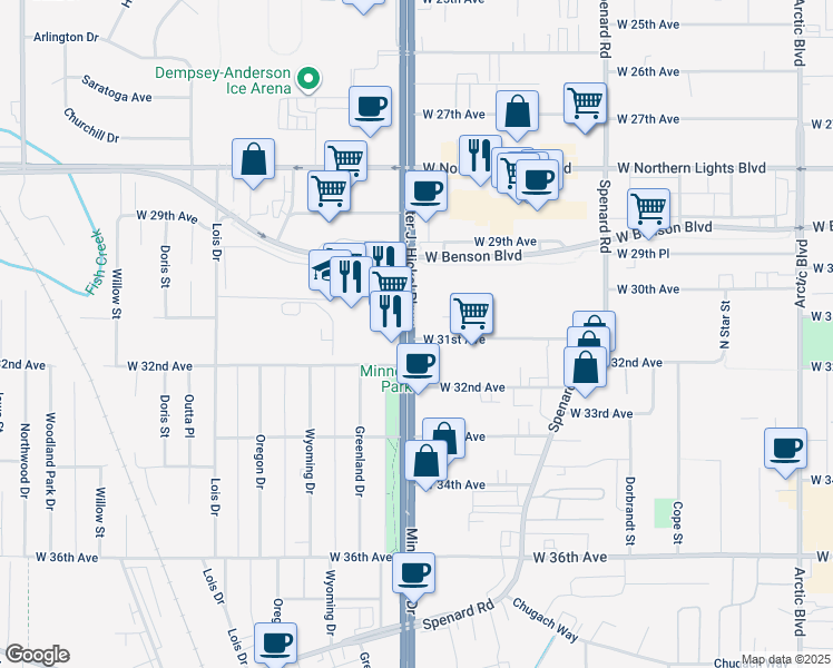 map of restaurants, bars, coffee shops, grocery stores, and more near 3005 Minnesota Drive in Anchorage
