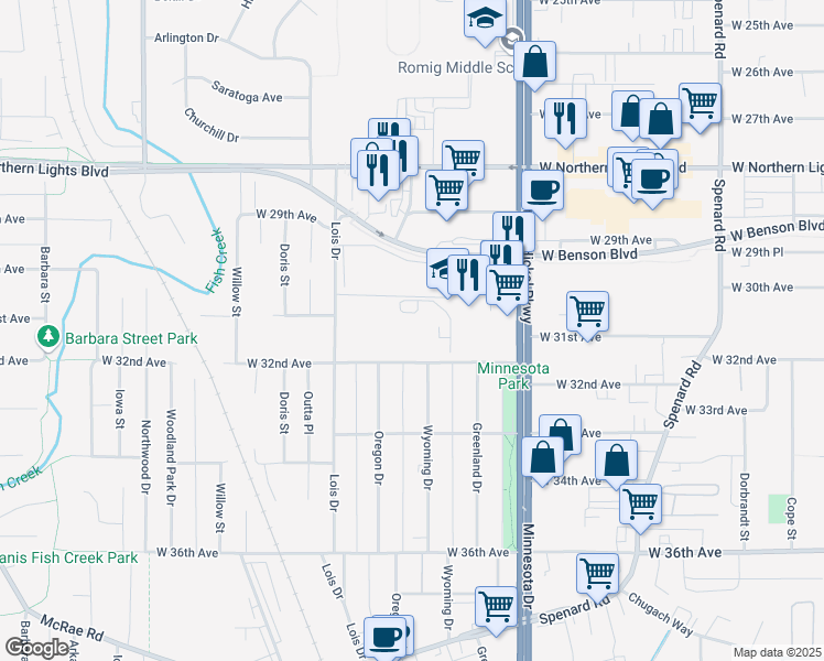 map of restaurants, bars, coffee shops, grocery stores, and more near 1705 West 32nd Avenue in Anchorage