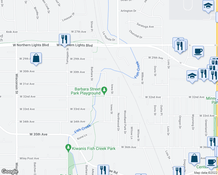 map of restaurants, bars, coffee shops, grocery stores, and more near 3103 Brookside Drive in Anchorage