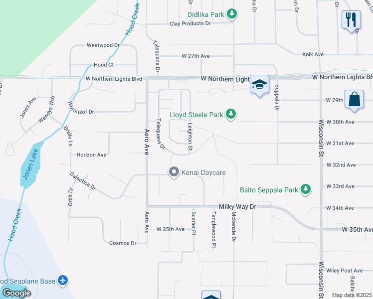 map of restaurants, bars, coffee shops, grocery stores, and more near 3815 Leighton Circle in Anchorage