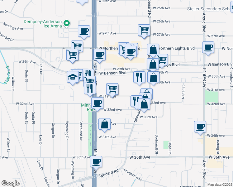 map of restaurants, bars, coffee shops, grocery stores, and more near 1407 West 31st Avenue in Anchorage
