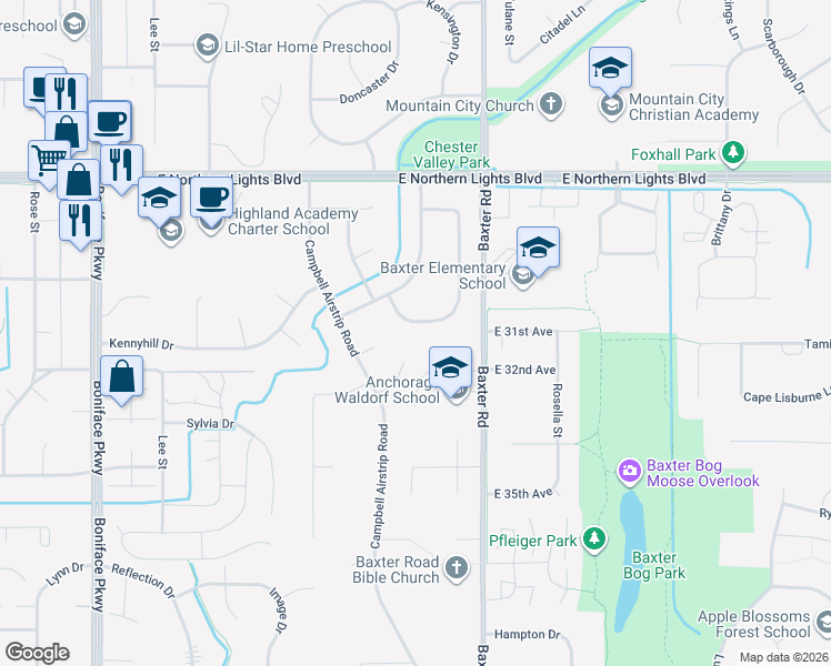 map of restaurants, bars, coffee shops, grocery stores, and more near 3153 Donington Drive in Anchorage