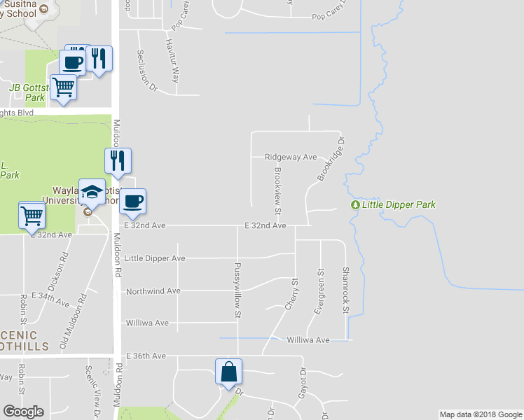 map of restaurants, bars, coffee shops, grocery stores, and more near 3121 Brookridge Circle in Anchorage