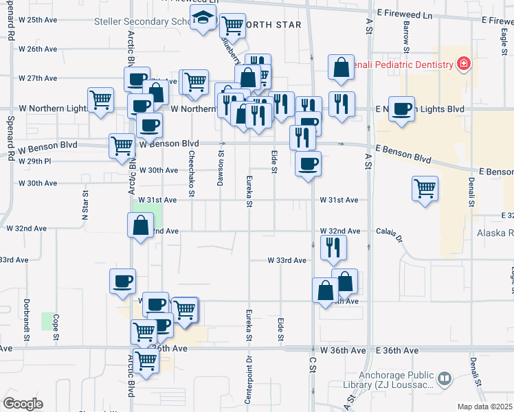 map of restaurants, bars, coffee shops, grocery stores, and more near 3101 Eureka Street in Anchorage