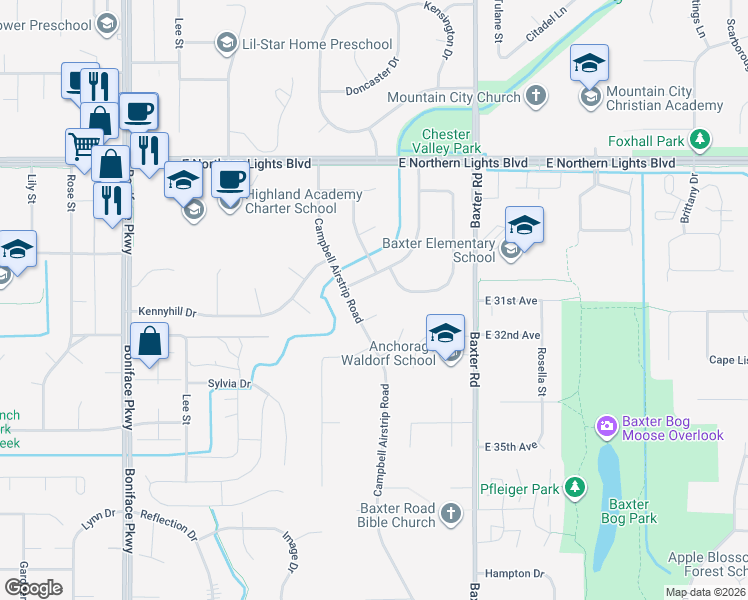 map of restaurants, bars, coffee shops, grocery stores, and more near 3181 Prescot Cir in Anchorage