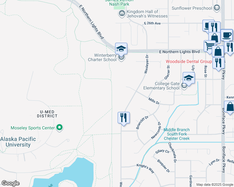 map of restaurants, bars, coffee shops, grocery stores, and more near 4714 Mills Drive in Anchorage