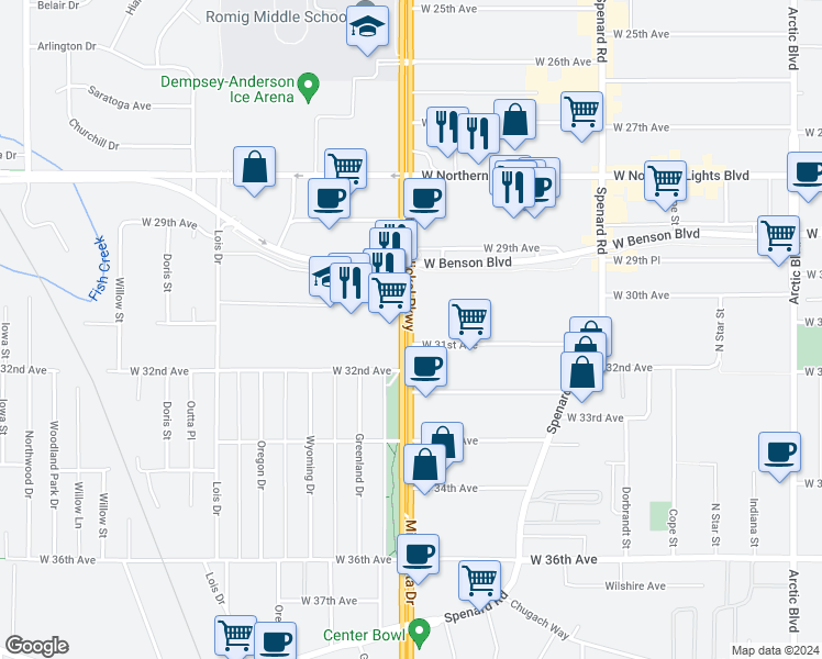 map of restaurants, bars, coffee shops, grocery stores, and more near 3005 Minnesota Drive in Anchorage
