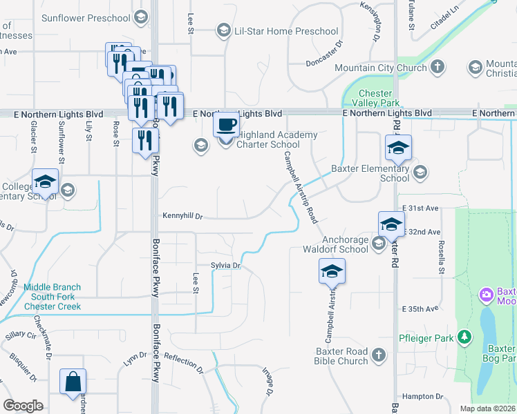 map of restaurants, bars, coffee shops, grocery stores, and more near 5819 Kennyhill Drive in Anchorage