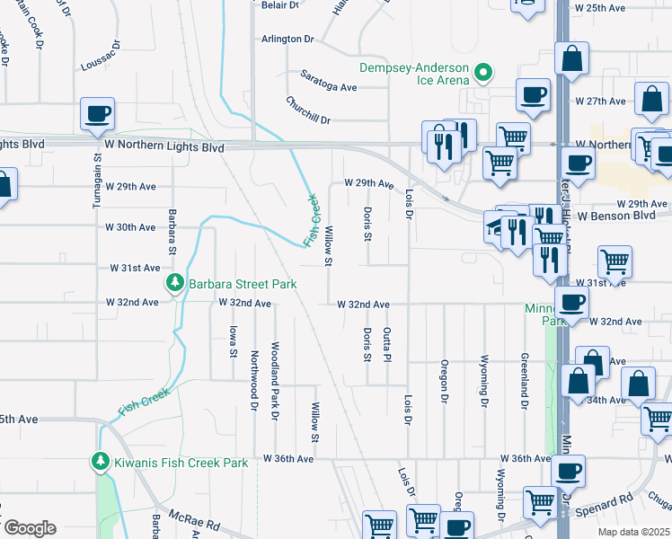 map of restaurants, bars, coffee shops, grocery stores, and more near 3101 Willow Street in Anchorage