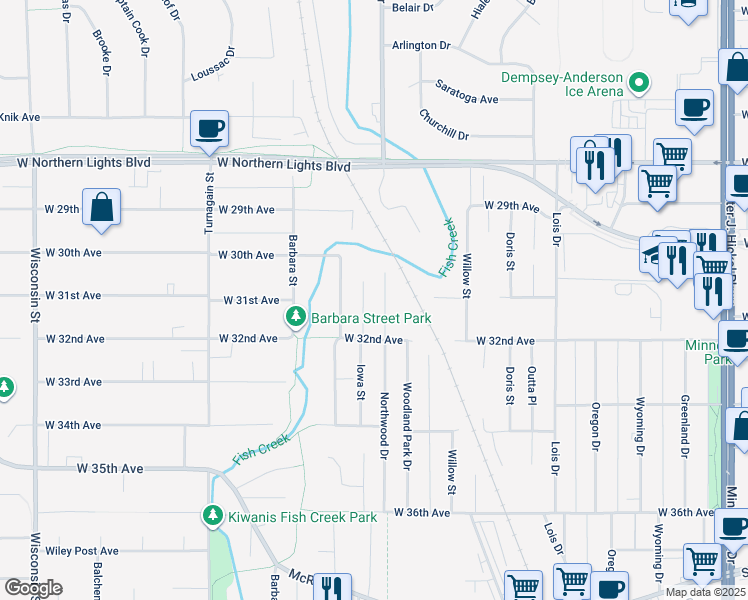 map of restaurants, bars, coffee shops, grocery stores, and more near 3100 Northwood Drive in Anchorage