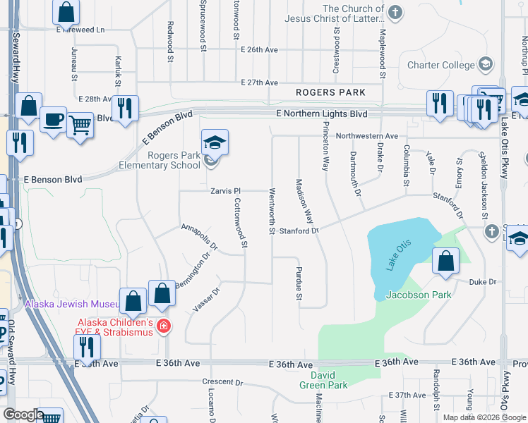 map of restaurants, bars, coffee shops, grocery stores, and more near 3026 Wentworth Street in Anchorage