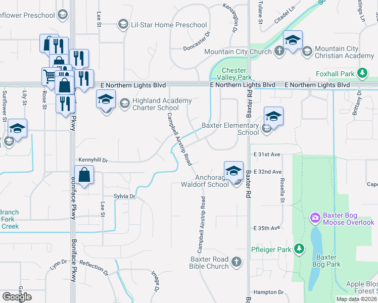 map of restaurants, bars, coffee shops, grocery stores, and more near 3144 Campbell Airstrip Road in Anchorage