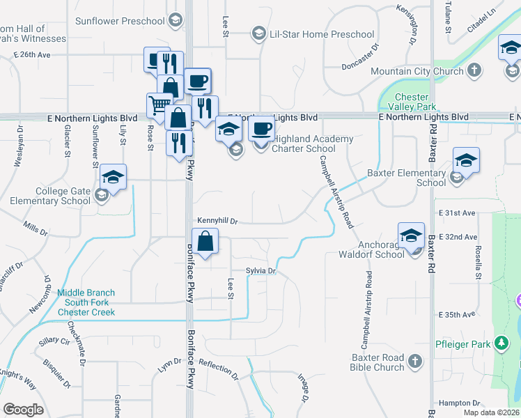 map of restaurants, bars, coffee shops, grocery stores, and more near 3140 Kenwood Circle in Anchorage