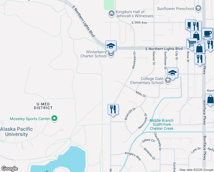 map of restaurants, bars, coffee shops, grocery stores, and more near 4714 Mills Drive in Anchorage