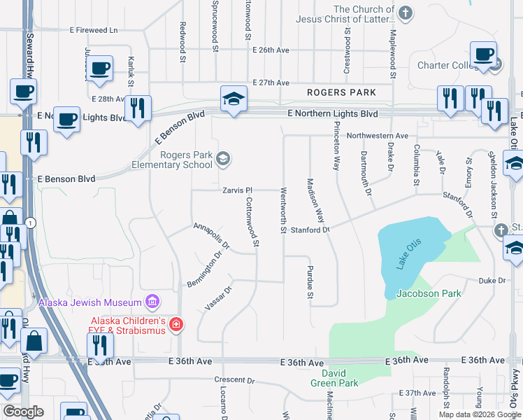 map of restaurants, bars, coffee shops, grocery stores, and more near 3026 Wentworth Street in Anchorage