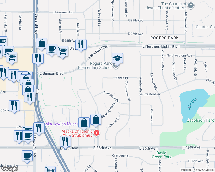 map of restaurants, bars, coffee shops, grocery stores, and more near 3059 Redwood Street in Anchorage