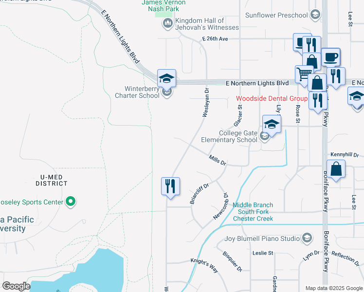 map of restaurants, bars, coffee shops, grocery stores, and more near 4840 Mills Dr in Anchorage