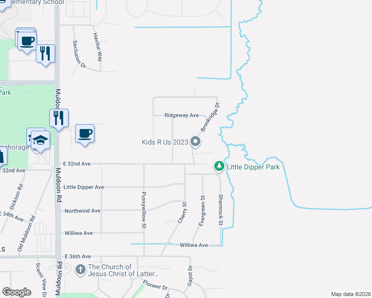 map of restaurants, bars, coffee shops, grocery stores, and more near 8844 Brookridge Drive in Anchorage