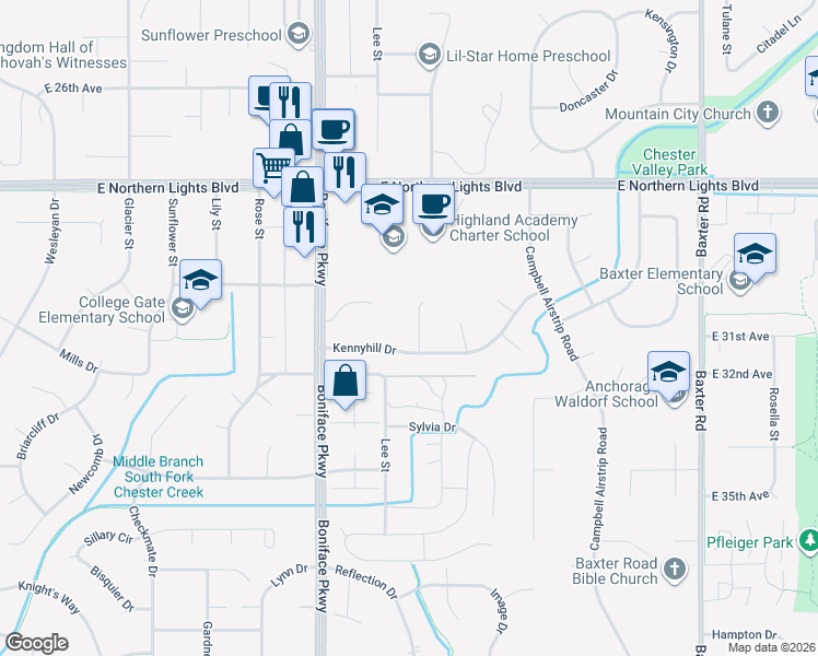 map of restaurants, bars, coffee shops, grocery stores, and more near 3140 Lochwood Circle in Anchorage