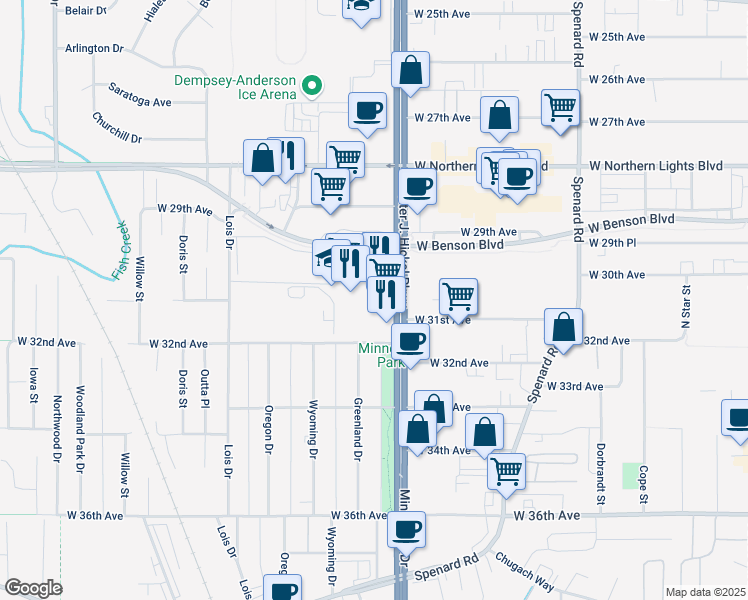 map of restaurants, bars, coffee shops, grocery stores, and more near 3020 Minnesota Drive in Anchorage
