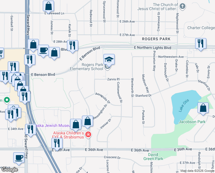 map of restaurants, bars, coffee shops, grocery stores, and more near 1344 Zarvis Place in Anchorage