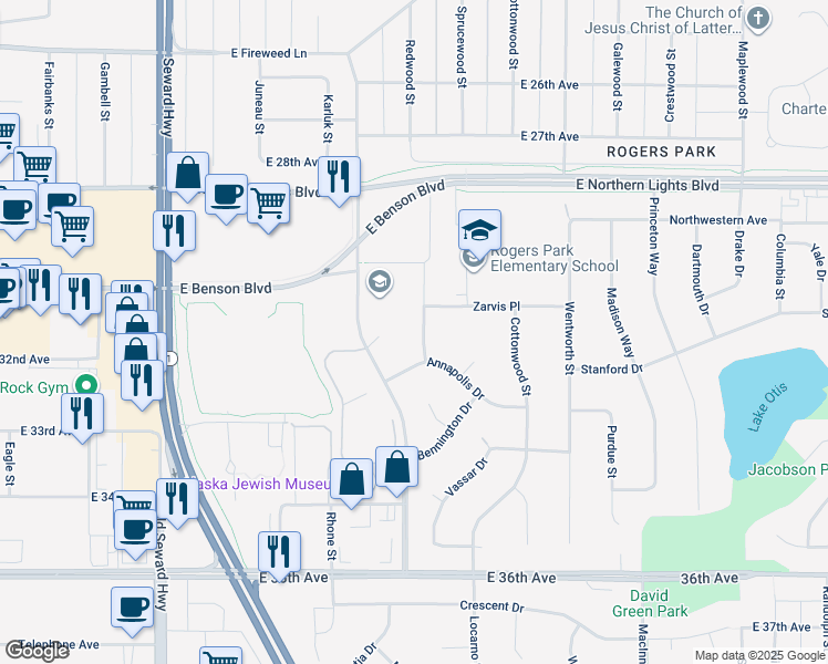 map of restaurants, bars, coffee shops, grocery stores, and more near 3048 Redwood Street in Anchorage