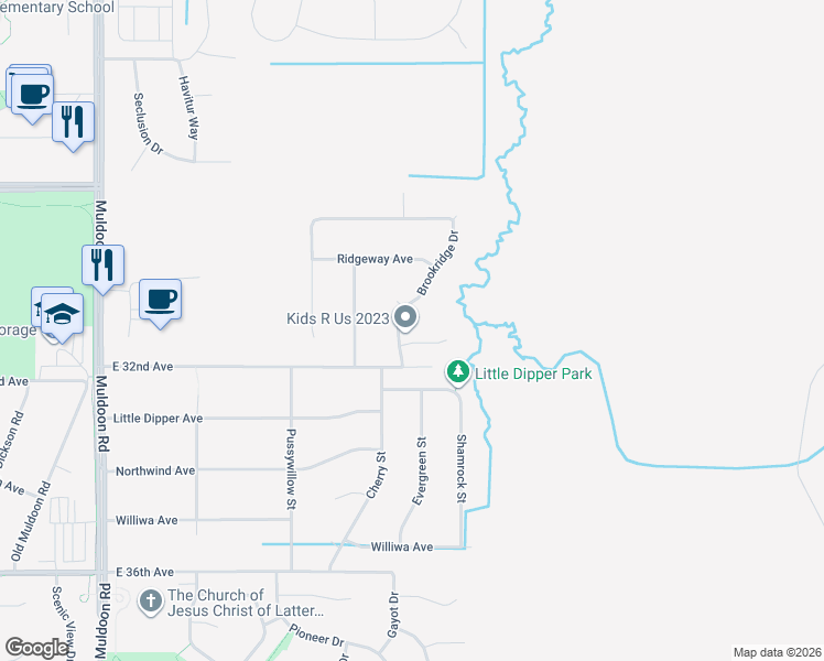 map of restaurants, bars, coffee shops, grocery stores, and more near 8541 Brookway Circle in Anchorage