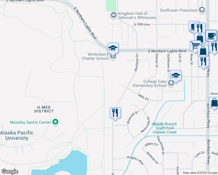map of restaurants, bars, coffee shops, grocery stores, and more near 4714 Mills Drive in Anchorage