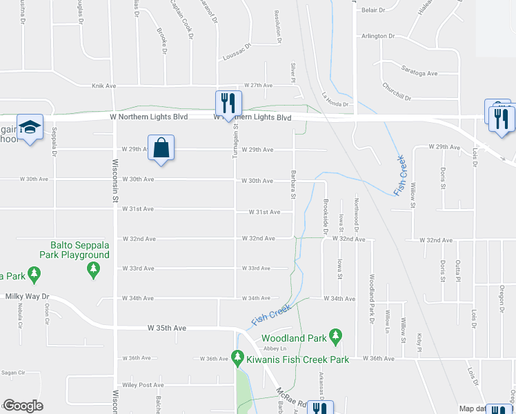 map of restaurants, bars, coffee shops, grocery stores, and more near 2703 West 31st Avenue in Anchorage