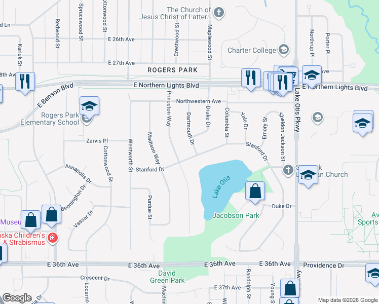 map of restaurants, bars, coffee shops, grocery stores, and more near 1821 Stanford Drive in Anchorage