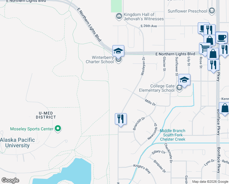 map of restaurants, bars, coffee shops, grocery stores, and more near 4714 Mills Drive in Anchorage