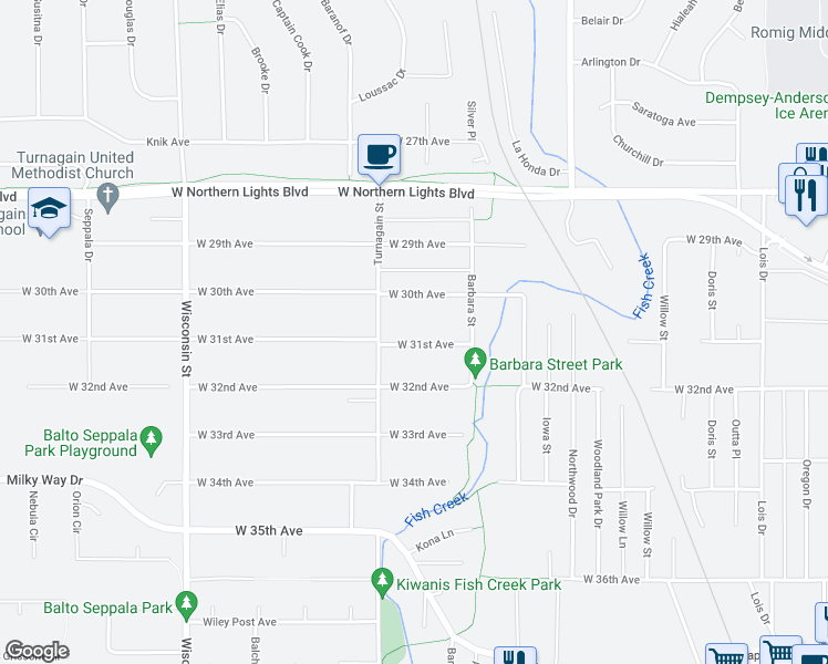 map of restaurants, bars, coffee shops, grocery stores, and more near 2703 West 31st Avenue in Anchorage