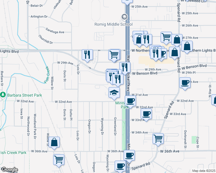 map of restaurants, bars, coffee shops, grocery stores, and more near 1705 West 32nd Avenue in Anchorage