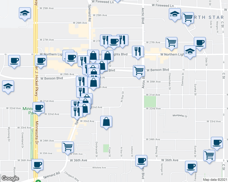 map of restaurants, bars, coffee shops, grocery stores, and more near 1006 W 30th Ave in Anchorage