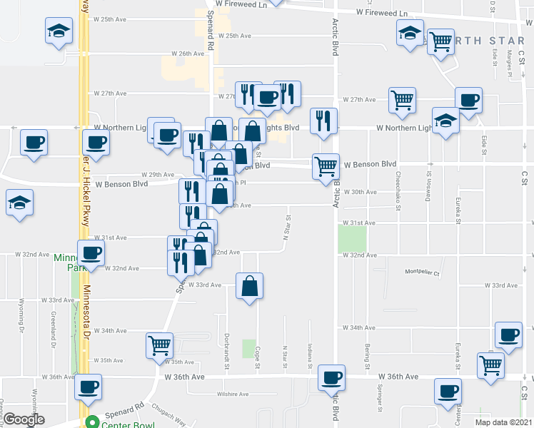 map of restaurants, bars, coffee shops, grocery stores, and more near 1006 West 30th Avenue in Anchorage