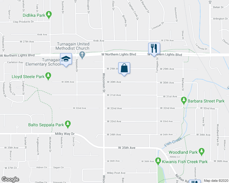 map of restaurants, bars, coffee shops, grocery stores, and more near 3103 West 31st Avenue in Anchorage