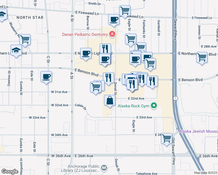 map of restaurants, bars, coffee shops, grocery stores, and more near 3030 Denali Street in Anchorage