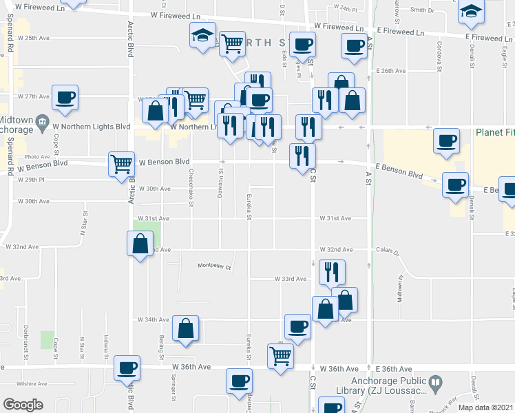 map of restaurants, bars, coffee shops, grocery stores, and more near 3101 Eureka Street in Anchorage