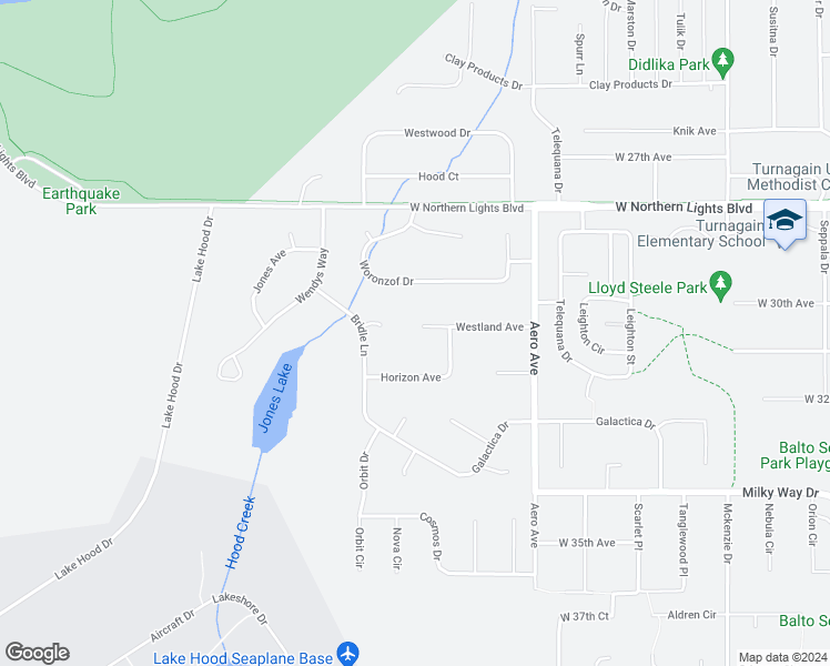 map of restaurants, bars, coffee shops, grocery stores, and more near 4160 Westland Circle in Anchorage