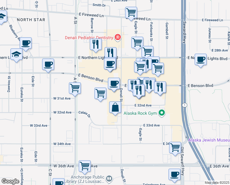 map of restaurants, bars, coffee shops, grocery stores, and more near 3030 Denali Street in Anchorage