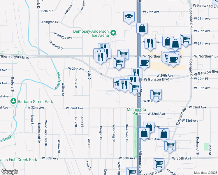 map of restaurants, bars, coffee shops, grocery stores, and more near 3071 Lois Drive in Anchorage