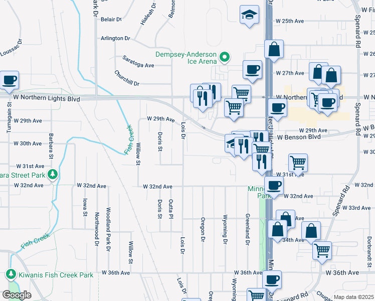 map of restaurants, bars, coffee shops, grocery stores, and more near 3071 Lois Drive in Anchorage
