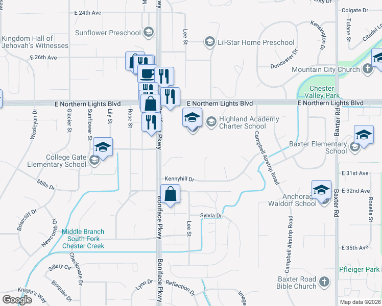 map of restaurants, bars, coffee shops, grocery stores, and more near 3140 Lochwood Circle in Anchorage